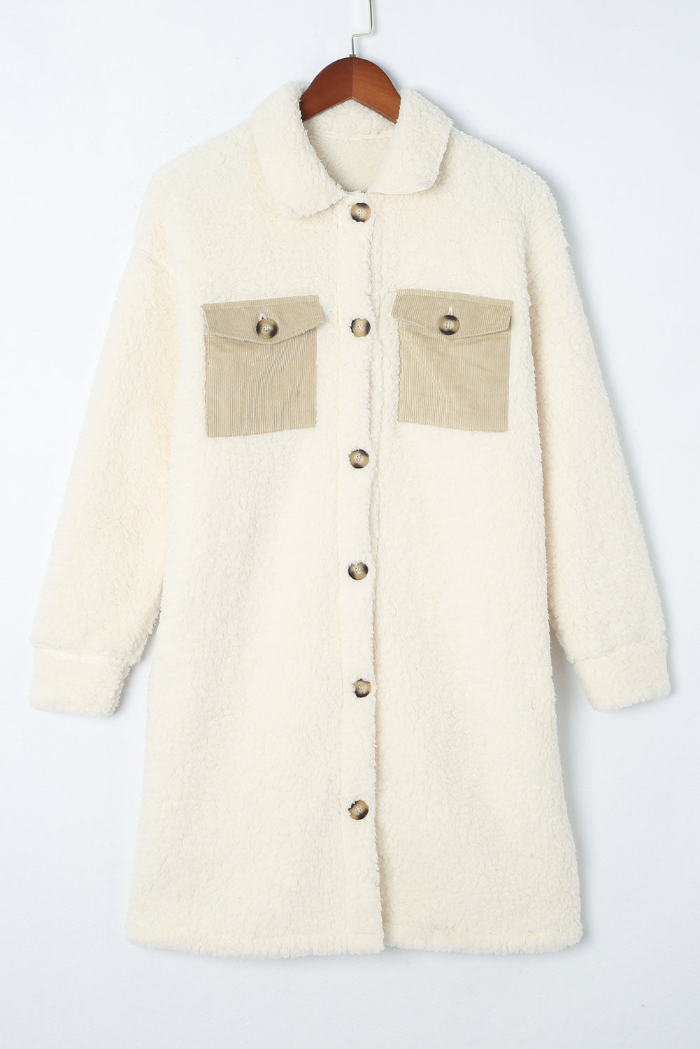 Manteau teddy à simple boutonnage avec poche à rabat contrasté beige