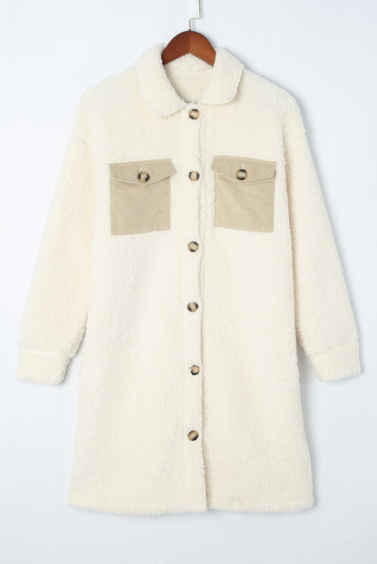 Manteau teddy à simple boutonnage avec poche à rabat contrasté beige