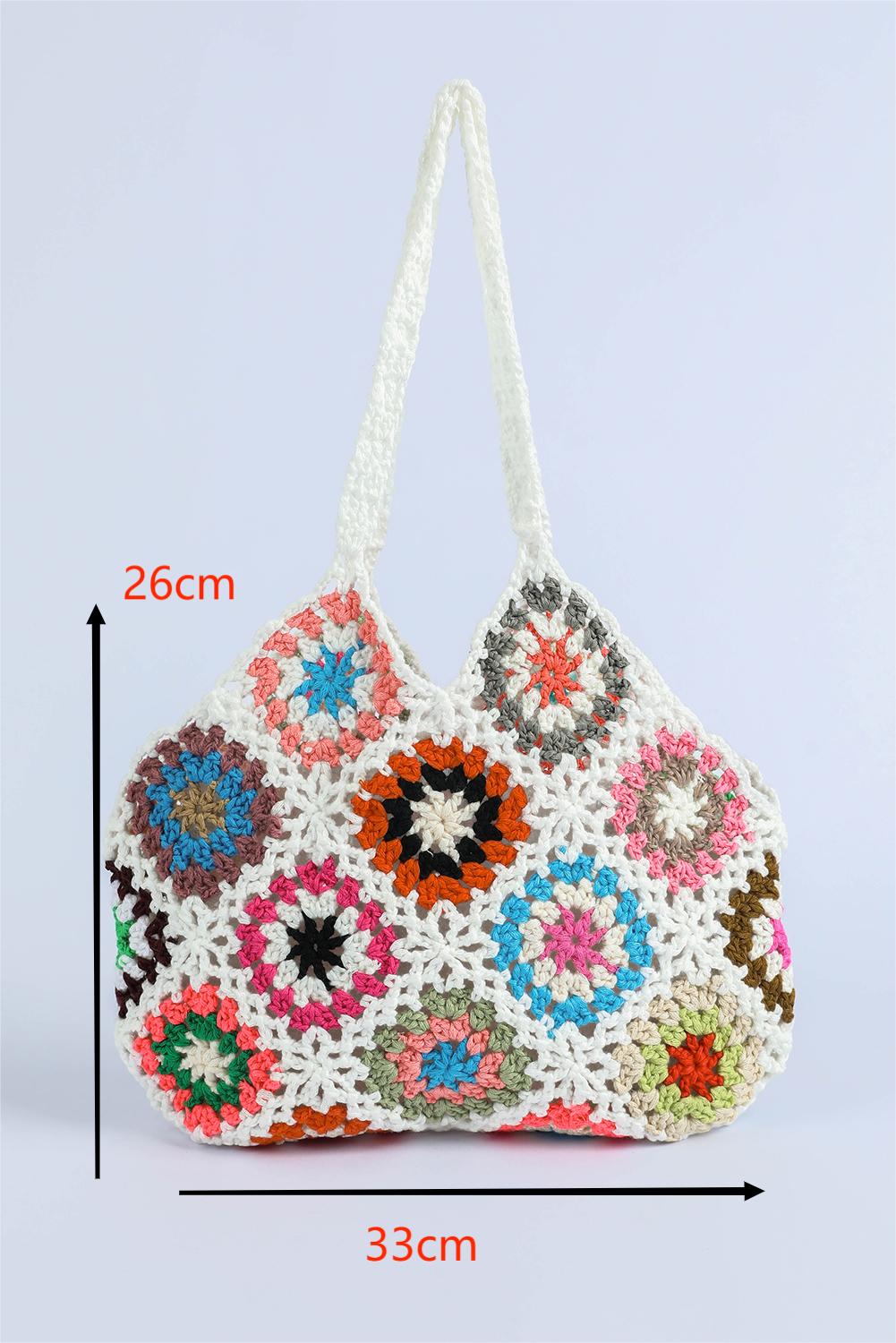 White boho floral crochet hollow out retro tote bag