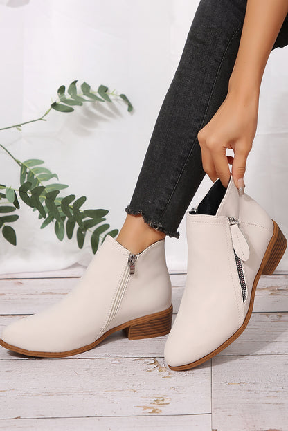 Bottines en similicuir blanc à talon bas avec double fermeture éclair