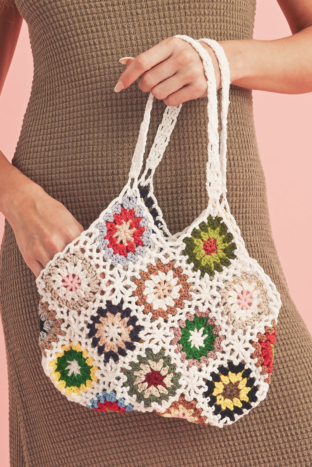 White boho floral crochet hollow out retro tote bag