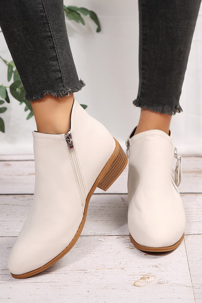 Bottines en similicuir blanc à talon bas avec double fermeture éclair