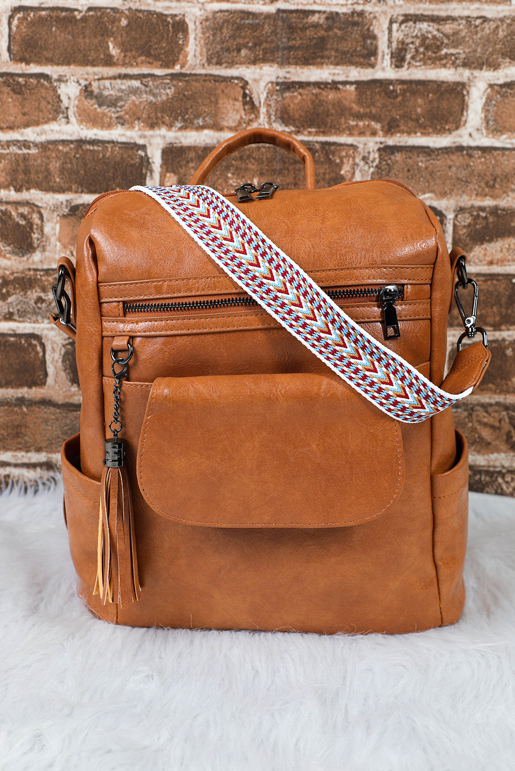 Large Capacity Backpack Dark Brown Tassel Decor Retro PU