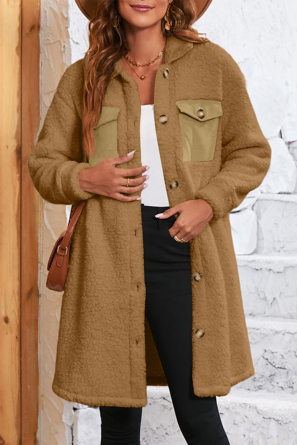 Manteau teddy à simple boutonnage avec poche à rabat contrasté beige