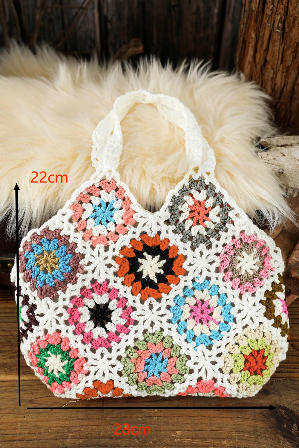 White boho floral crochet hollow out retro tote bag