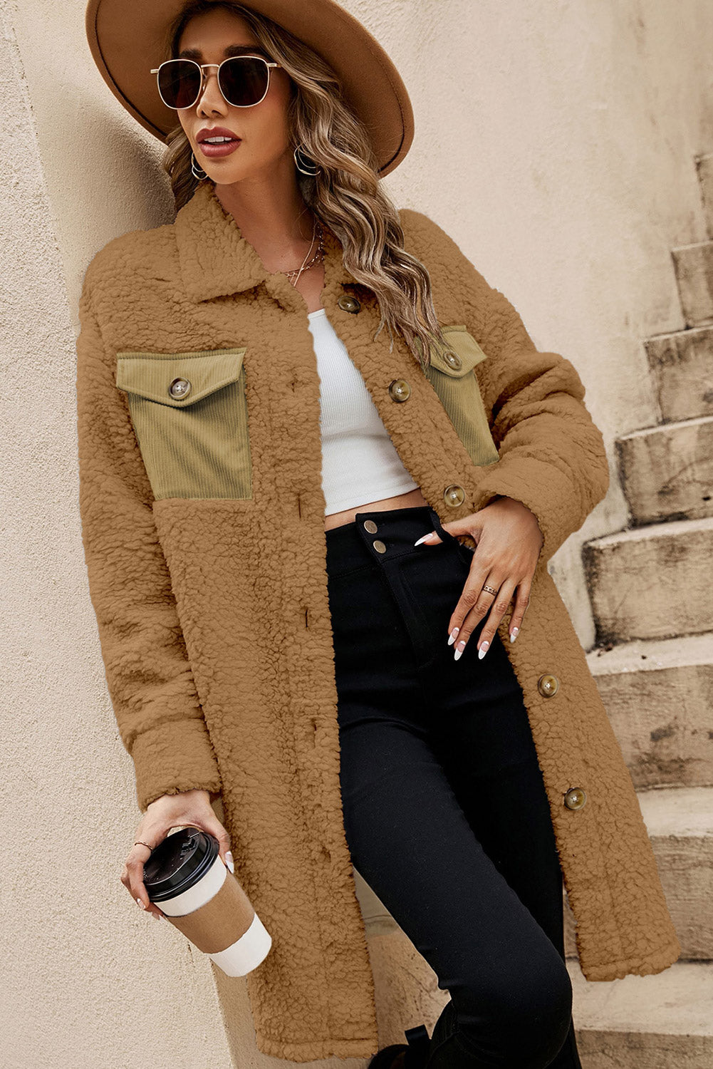 Manteau teddy à simple boutonnage avec poche à rabat contrasté beige