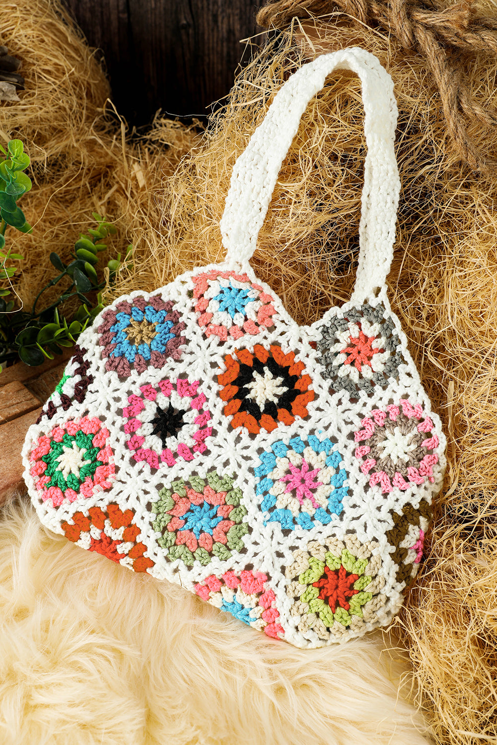 White boho floral crochet hollow out retro tote bag