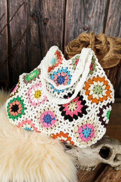 White boho floral crochet hollow out retro tote bag