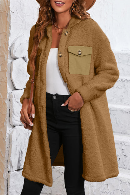 Manteau teddy à simple boutonnage avec poche à rabat contrasté beige