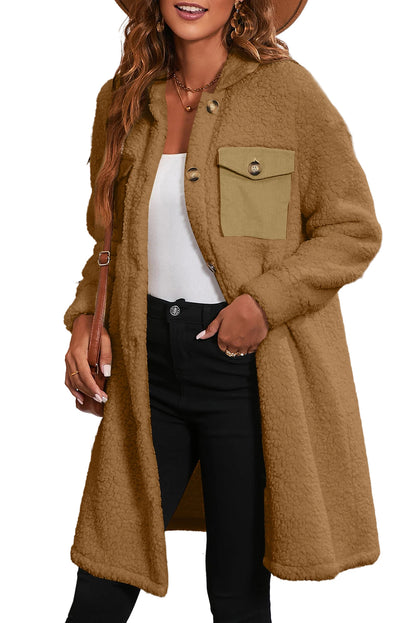 Manteau teddy à simple boutonnage avec poche à rabat contrasté beige