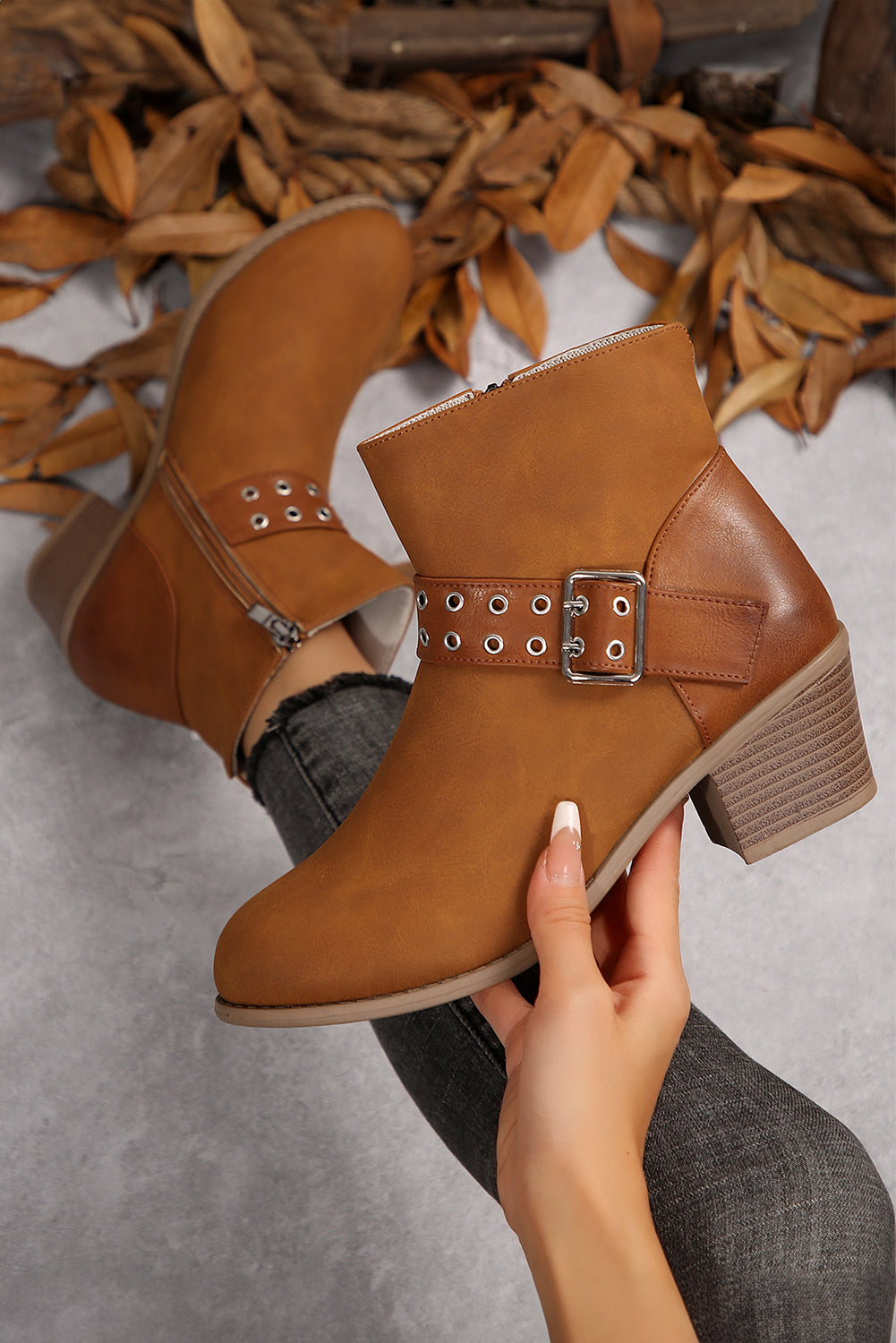 Brown Faux Leather Eyelet Ankle Boots with Chunky Buckle