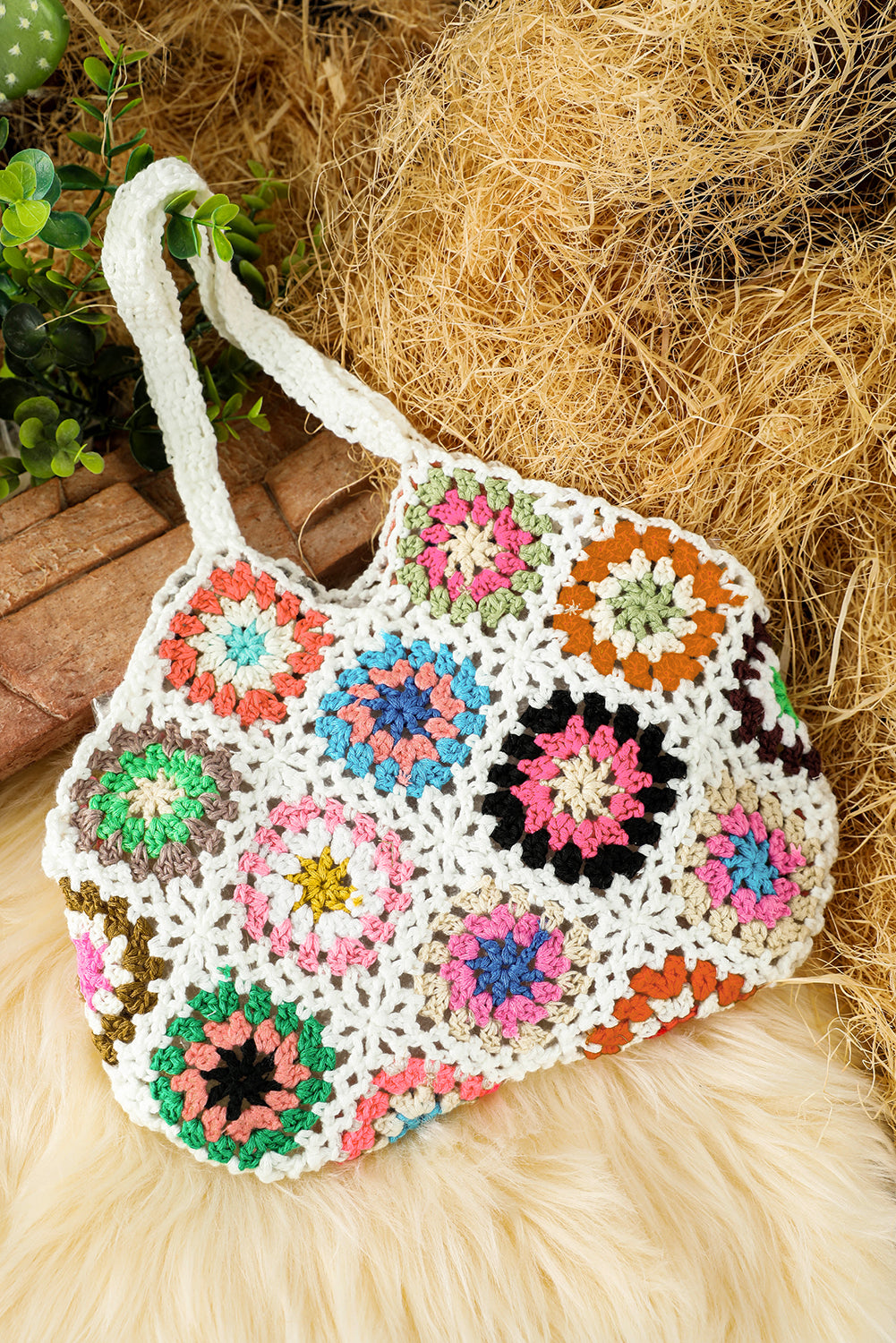 White boho floral crochet hollow out retro tote bag