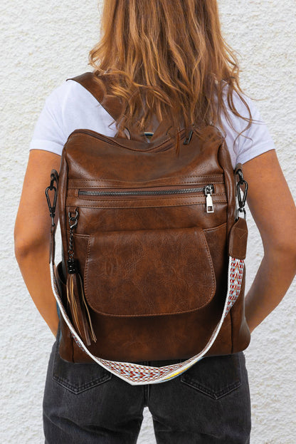 Large Capacity Backpack Dark Brown Tassel Decor Retro PU