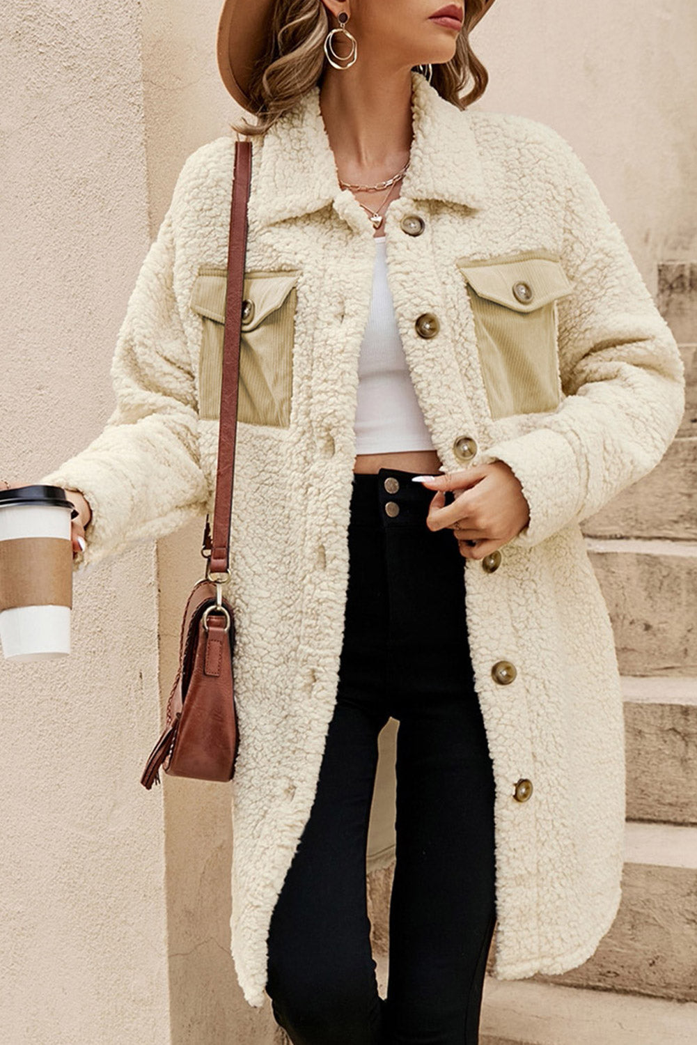 Manteau teddy à simple boutonnage avec poche à rabat contrasté beige