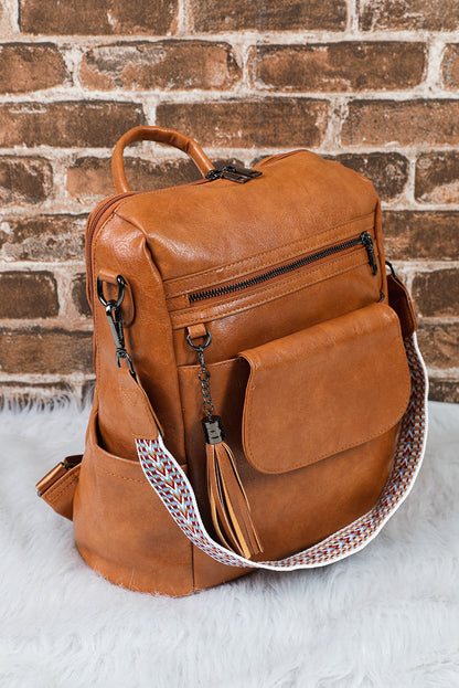 Large Capacity Backpack Dark Brown Tassel Decor Retro PU