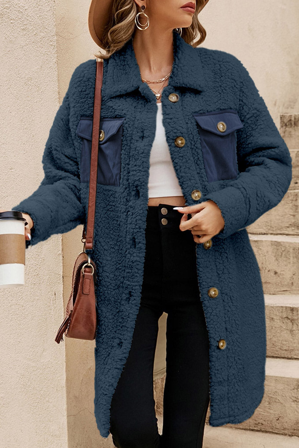 Manteau teddy à simple boutonnage avec poche à rabat contrasté beige