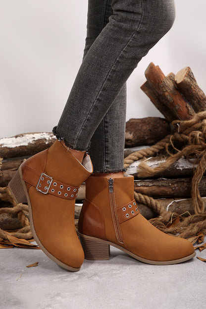 Brown Faux Leather Eyelet Ankle Boots with Chunky Buckle