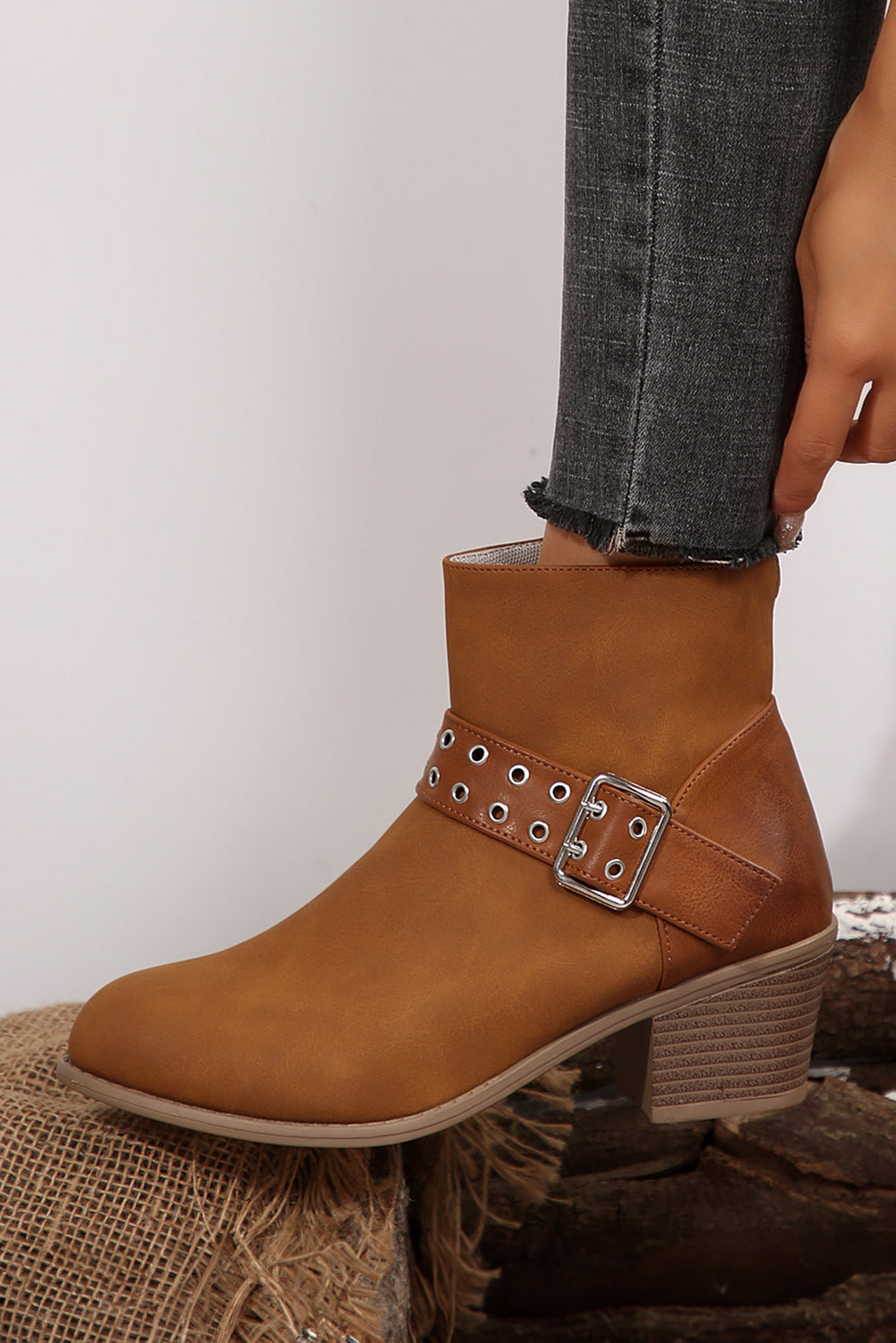 Brown Faux Leather Eyelet Ankle Boots with Chunky Buckle