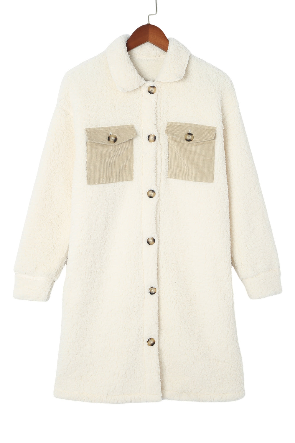 Manteau teddy à simple boutonnage avec poche à rabat contrasté beige