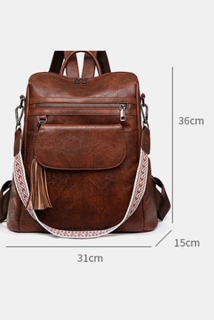 Large Capacity Backpack Dark Brown Tassel Decor Retro PU