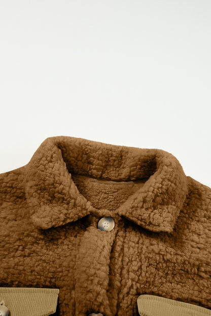 Manteau teddy à simple boutonnage avec poche à rabat contrasté beige