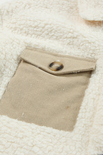 Manteau teddy à simple boutonnage avec poche à rabat contrasté beige